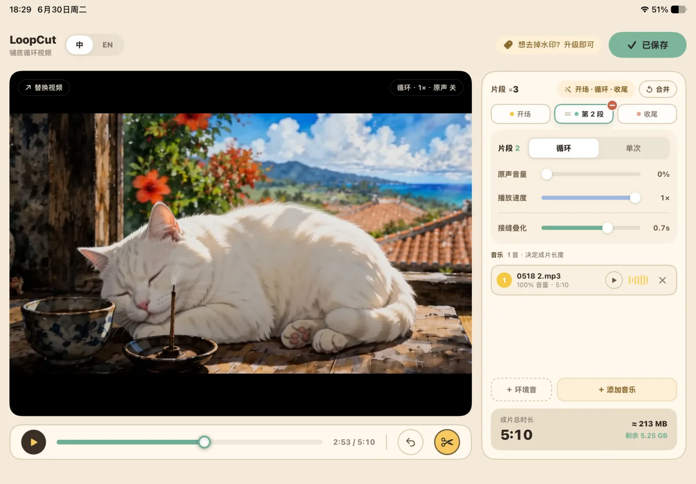 LoopCut 主编辑界面：左侧预览与进度条，右侧片段参数、音乐列表与成片总时长